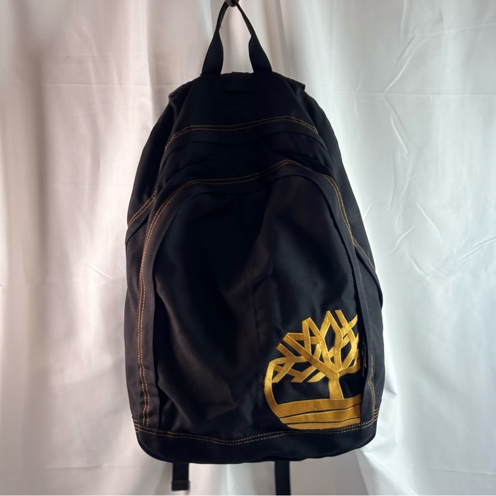 Vintage Timberland Black Backpack with Gold Tree Embroidered Logo